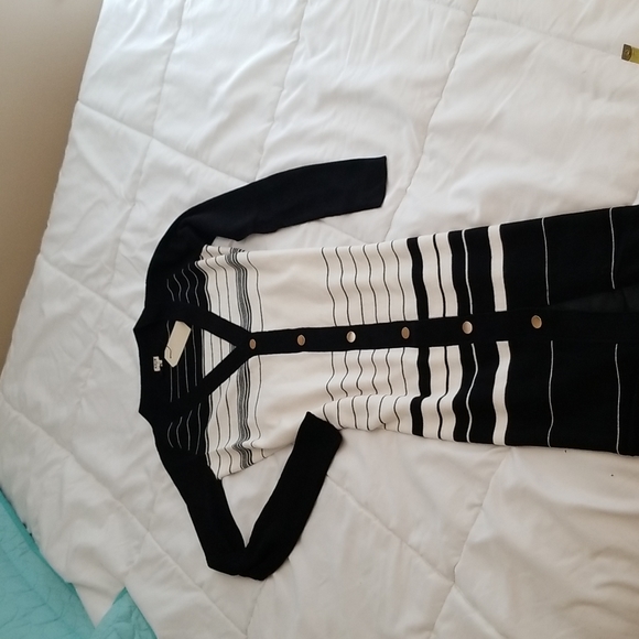 Black and Ivory Striped Snap Front Midi Sweater Dress - Picture 4 of 6